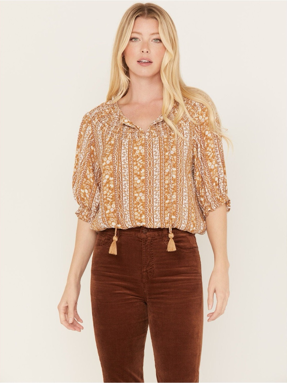 Wrangler Retro Floral Stripe Crop Top Peasant Rayon Boho Western Blouse Large
